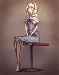  alice_margatroid blonde_hair blue_dress blue_eyes brown_background capelet dress hairband highres legs looking_at_viewer no_shoes pantyhose pisoshi sash sitting smile solo table touhou v_arms 