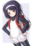  backpack bag belly black_hair dress eyelashes frown hairband hands_on_hips long_hair nagase_haruhito randoseru red_eyes sako_erika simple_background solo soul_hackers thighhighs tsurime zettai_ryouiki 