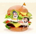  ahoge black_hair blue_hair cheese chibi fate/stay_night fate/zero fate_(series) flag food hamburger lancer lancer_(fate/zero) lettuce long_hair male_focus medemoisellecu miniboy multiple_boys onion ponytail red_eyes yellow_eyes 