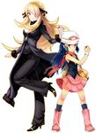  bad_id bad_pixiv_id blonde_hair blue_eyes blue_hair boots hair_over_one_eye height_difference high_heels highres hikari_(pokemon) holding holding_poke_ball long_hair multiple_girls pink_footwear poke_ball poke_ball_(generic) pokemon pokemon_(game) pokemon_dppt rex_k shirona_(pokemon) shoes skirt smile wristband yellow_eyes 