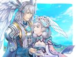  1girl blue_eyes brother_and_sister cloud elbow_gloves feathers gloves hat head_wings holding_hands jewelry kallian melia ohse ring siblings silver_hair sky xenoblade_(series) xenoblade_1 
