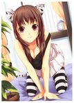  absurdres all_fours animal_ears bed blurry breasts brown_hair cleavage clock depth_of_field fingernails highres long_hair luna_(reclaimed_land) medium_breasts original plant red_eyes skirt smile solo strap_slip striped striped_legwear tail tank_top thighhighs tiger_ears tiger_tail 