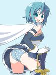  :d ass blue_eyes blue_hair blush cape elbow_gloves gloves looking_at_viewer looking_back magical_girl mahou_shoujo_madoka_magica md5_mismatch miki_sayaka naitou_kouse open_mouth panties polka_dot polka_dot_panties short_hair smile solo sword thighhighs underwear weapon 