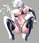  ahoge armpits bare_shoulders bikini boots breasts cum detached_sleeves ejaculation futanari hair_over_one_eye high_heels large_breasts masturbation matagitii nipples original penis pointy_ears shoes short_hair solo swimsuit thigh_boots thighhighs white_hair 