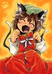  ^_^ animal_ears blush brown_hair cat_ears cat_tail chen closed_eyes fingernails happy harusame_(unmei_no_ikasumi) hat jewelry long_fingernails multiple_tails nail_polish open_mouth short_hair single_earring smile solo tail tongue touhou 