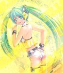  alternate_costume aqua_eyes aqua_hair ass back bracelet hatsune_miku headphones headset jewelry long_hair looking_back mayo_riyo midriff project_diva_(series) project_diva_2nd smile solo thighhighs traditional_media twintails very_long_hair vocaloid yellow yellow_(vocaloid) 