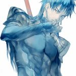  blue blue_hair earrings fate/stay_night fate_(series) jewelry lancer long_hair male_focus red_eyes rei_(sanbonzakura) solo wet wiping_face 