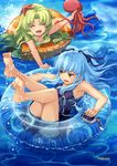  :d absurdres ass barefoot blonde_hair blue_hair blue_innertube blush bubble cellphone child closed_eyes company_name day eiyuu_densetsu enami_katsumi feet hair_ribbon happy highres holding innertube kea_(eiyuu_densetsu) long_hair multiple_girls octopus official_art one-piece_swimsuit open_mouth phone ribbon sky smile soles starfish swimsuit tio_plato toes two_side_up water wet yellow_eyes zero_no_kiseki 