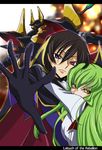  1girl bad_id bad_pixiv_id brown_hair c.c. code_geass couple english gawain geass gloves green_hair hetero highres hug lelouch_lamperouge long_hair mecha purple_eyes shida_(xwheel) yellow_eyes 