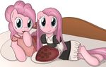  bed blue_eyes candy chocolate clothing duo equine female feral friendship_is_magic hair horse inviting long_hair looking_at_viewer mammal my_little_pony pillow pink_hair pinkamena_(mlp) pinkie_pie_(mlp) pony smile square_crossover straight_hair tg-0 tg0 
