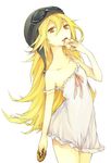  bakemonogatari bare_shoulders blonde_hair doughnut food goggles golden_chocolate hasunokaeru helmet long_hair mister_donut monogatari_(series) oshino_shinobu pointy_ears pon_de_ring red_eyes simple_background solo strap_slip white_background 