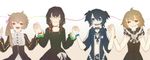  black_hair black_rock_shooter black_rock_shooter_(character) blue_eyes brown_hair chariot_(black_rock_shooter) closed_eyes dead_master glasses holding_hands izuriha_kagari koutari_yuu kuroi_mato multiple_girls smile strength_(black_rock_shooter) takanashi_yomi twintails wainred 