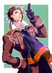  alvin_(tales) bad_id bad_pixiv_id black_gloves brown_hair coat cravat gloves green_background grin hand_on_hip male_focus neck red_eyes smile solo tales_of_(series) tales_of_xillia v watame_(koma_wan) 