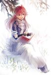  ascot bad_id bad_pixiv_id book gloves grass long_hair long_skirt open_mouth original purple_eyes red_hair shoes short_sleeves sitting skirt skoooon solo 
