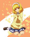  blonde_hair cardigan hairband hiyori_(sonoma) kise_yayoi kneehighs nanairogaoka_middle_school_uniform precure school_uniform short_hair sitting skirt smile smile_precure! solo star wariza white_hairband yellow_eyes 