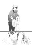  1girl bad_id bad_pixiv_id bouquet closed_eyes comic couple flower formal greyscale happy height_difference hetero hug kudou_shin'ichi long_hair meitantei_conan monochrome mouri_ran sakamoto_bin short_hair smile suit translated 