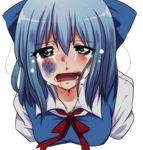  abuse betrayal blood blood_in_mouth blood_on_face blue_dress blue_eyes blue_hair bow bruise cirno crying crying_with_eyes_open dress hair_bow injury looking_at_viewer negiko nosebleed open_mouth shirt short_hair sobbing solo tears touhou upper_body 