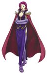  armor boots breasts brunya cape circlet cleavage earrings elbow_gloves fire_emblem fire_emblem:_fuuin_no_tsurugi gloves highres jewelry kaneda_eiji large_breasts lipstick long_hair makeup purple_eyes purple_hair side_slit solo thigh_boots thighhighs 
