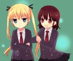  blonde_hair brown_eyes brown_hair hair_ribbon kill_me_baby momonkii multiple_girls necktie oribe_yasuna red_neckwear ribbon skirt sonya_(kill_me_baby) twintails 