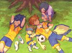  3boys bad_id bad_pixiv_id blue_eyes blue_hair brown_hair grass inazuma_eleven_(series) inazuma_eleven_go kudou_akira lightning_bolt long_hair matsukaze_tenma multiple_boys nishizono_shinsuke open_mouth raimon raimon_soccer_uniform ribbon school_uniform short_hair sleeping smile soccer_uniform sorano_aoi sportswear tsurugi_kyousuke 