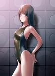  brown_hair competition_swimsuit grey_eyes highres kirin404 one-piece_swimsuit original short_hair solo swimsuit zipper 