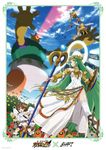  1girl armor artist_request blue_eyes brown_hair dress green_eyes highres kid_icarus kid_icarus_uprising lace palutena pit_(kid_icarus) shield single_thighhigh staff thighhighs toga white_dress wings 