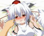  animal_ears blush cheek_poking detached_sleeves dr._cryptoso fangs fingernails hat heavy_breathing inubashiri_momiji lying on_back poking red_eyes short_hair slit_pupils solo tail tears tokin_hat touhou wolf_ears wolf_tail 