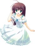  :d brown_hair dress green_eyes hair_ornament hairclip highres off_shoulder open_mouth original ryouka_(suzuya) smile solo third-party_edit 
