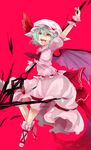  aqua_hair bat_wings blood blood_on_face dress frea hat hat_ribbon holding polearm red_background red_eyes remilia_scarlet ribbon solo spear spear_the_gungnir touhou weapon wings wrist_cuffs 