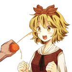  black_hair blonde_hair blush bullying clenched_hands food fruit hair_ornament hands happy mandarin_orange multicolored_hair short_hair smile solo squeezing toramaru_shou touhou two-tone_hair upper_body urin white_background yellow_eyes 