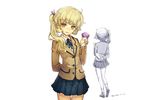  arm_behind_back black_rock_shooter blazer blonde_hair blood food hjl izuriha_kagari jacket knife light_smile long_hair macaron partially_colored pleated_skirt ribbon school_uniform side_ponytail simple_background skirt smile solo thigh_gap yandere yellow_eyes 