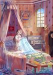  bad_id bad_pixiv_id bed blue_eyes brown_hair checkered checkered_floor clothes flower gift hat highres indoors lamp long_hair original rose shoes sitting skoooon solo striped table window 