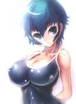  arms_behind_back bare_shoulders blue_eyes blue_hair blush breasts cleavage competition_school_swimsuit competition_swimsuit covered_nipples hips impossible_clothes large_breasts looking_at_viewer lowres navel one-piece_swimsuit persona persona_4 sakurasawa_yukino shirogane_naoto short_hair solo standing swimsuit tight 