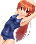  arched_back armpits arms_up bad_id bad_pixiv_id breasts covered_navel covered_nipples highres long_hair medium_breasts one-piece_swimsuit ponytail red_eyes red_hair school_swimsuit shakugan_no_shana shana shiny shiny_clothes solo swimsuit very_long_hair white_background yoshiwa_tomo 