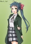  1girl alternate_costume anti_(untea9) arms_behind_back bow commentary_request cowboy_shot gradient gradient_background green_background green_coat green_eyes green_hair green_ribbon hair_bow highres irako_(kantai_collection) kantai_collection long_hair looking_at_viewer neck_ribbon open_mouth plaid plaid_skirt ponytail red_bow ribbon shirt skirt solo standing twitter_username white_shirt 