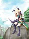  1girl animal_ears blonde_hair dream_demon fur long_hair midriff monster_girl navel original rock sitting solo tail tree werewolf yellow_eyes 