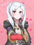  1girl blush cape choclate dark_persona embarrassed female_my_unit_(fire_emblem:_kakusei) fire_emblem fire_emblem:_kakusei fire_emblem_heroes gimurei gloves grimmelsdathird heart highres hood long_hair looking_at_viewer my_unit_(fire_emblem:_kakusei) nintendo red_eyes robe simple_background solo twintails valentine white_hair 