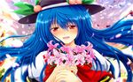  bad_id bad_pixiv_id blue_hair blush bouquet flower food fruit happy hat highres hinanawi_tenshi holding lily_(flower) long_hair nekominase peach red_eyes smile solo touhou wallpaper 