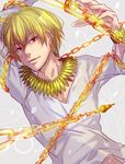  blonde_hair bracelet casual chain enkidu_(weapon) fate/zero fate_(series) gilgamesh jewelry male_focus necklace red_eyes solo v-neck white_background zino 