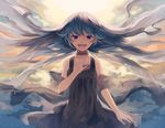  backlighting bad_id bad_pixiv_id bare_shoulders black_dress blue_eyes blue_hair choker cloud dress floating_hair hair_down hand_on_own_chest hatsune_miku long_hair music open_mouth shawl singing skoooon sky solo sunlight vocaloid wind 