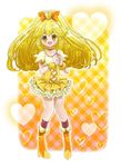  :d blonde_hair boots bow choker cokata color_connection cosplay cure_peace cure_pine cure_pine_(cosplay) fresh_precure! frills full_body hair_bow hair_flaps hair_ornament heart heart_background heart_hair_ornament heart_hands kise_yayoi long_hair magical_girl open_mouth orange_bow orange_choker precure skirt smile smile_precure! solo wide_ponytail wrist_cuffs yellow yellow_background yellow_eyes yellow_skirt 