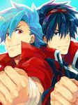  back-to-back blue_eyes blue_hair goggles goggles_on_head jpeg_artifacts kamina kuroemon looking_at_viewer male_focus multiple_boys red_eyes simon smile tengen_toppa_gurren_lagann time_paradox 