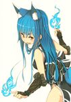 animal_ears bare_shoulders blue_fire blue_hair fire fox_ears fox_tail gauntlets long_hair nosuku open_mouth orange_eyes original ribbon simple_background solo tail white_background 
