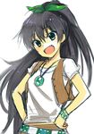  :d belt black_hair collar fang ganaha_hibiki green_eyes hands_on_hips hijiki_(hijikini) idolmaster idolmaster_(classic) jewelry long_hair necklace open_mouth ponytail shirt simple_background sketch smile solo white_background 