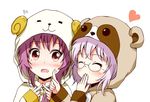  ^_^ aikawa_ryou blush cheek_poking closed_eyes covering_mouth fingers_together glasses hand_over_own_mouth heart hood hoodie ikeda_chitose multiple_girls open_mouth poking purple_hair red_eyes simple_background sugiura_ayano white_background yuru_yuri 