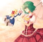  ascot blonde_hair doll flower flying frills green_hair highres kazami_yuuka lips multiple_girls parasol plaid plaid_skirt plaid_vest red_eyes semicolon shanghai_doll short_hair skirt string touhou umbrella upper_body vest 