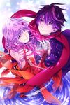  1girl bad_id bad_pixiv_id couple guilty_crown hair_ornament hairclip hetero kamu_(camui) long_hair ouma_shuu pink_eyes pink_hair red_scarf scarf smile yuzuriha_inori 