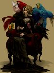  armchair bad_id bad_pixiv_id bird bird_request blonde_hair blue-and-yellow_macaw book brown_background chair cockatoo cup dress efu_(eeeeeat) feathers galah hair_up hat long_skirt looking_away lovebird macaw original palm_cockatoo parrot sitting skirt solo tea teacup 