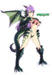  animal_ears breasts butter-t claws dragon dragon_(monster_girl_encyclopedia) dragon_ears dragon_girl dragon_horns green_wings horns huge_breasts midriff monster_girl monster_girl_encyclopedia purple_hair scales solo stomach tail wings yellow_eyes 