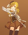  bad_id bad_pixiv_id brown_background corset dress drill_hair gun hat lemontea magical_musket mahou_shoujo_madoka_magica simple_background solo thighhighs tomoe_mami twin_drills twintails weapon yellow_eyes 